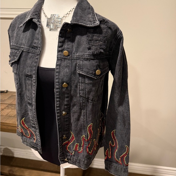 Honey Punch Black Denim Jacket with Flame Embellishments - Picture 4 of 5